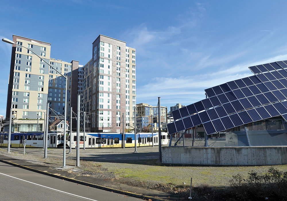 This solar installation is the largest in downtown Portland, Oregon. It generates more than 64,000 hours of electricity per year with solar panels manufactured and installed by local companies. Photo by AP-C40.